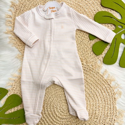  Macacão com Abertura em Zíper Listrado - Off White e Salmão